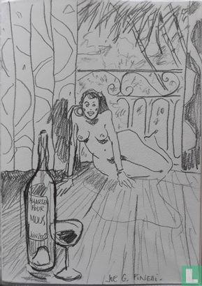 Nude woman by the balcony and looking at empty bottle of wine