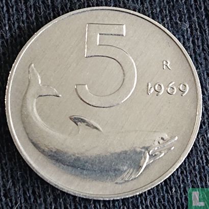 Italie 5 lire 1969 (1 inversé) - Image 1