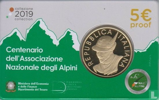 Italy 5 euro 2019 (PROOF - coincard) "Centenary Alpine national association" - Image 1