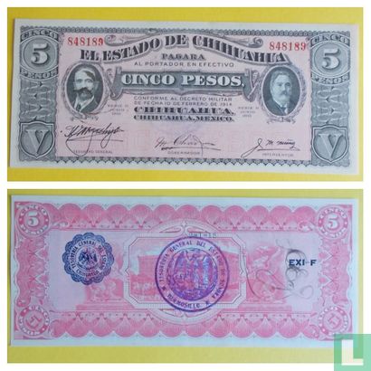 Mexico Regionaal 5 Peso 1915 CHIHUAHUA