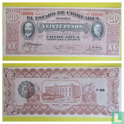 Mexico Regional 20 Peso 1915 CHIHUAHUA