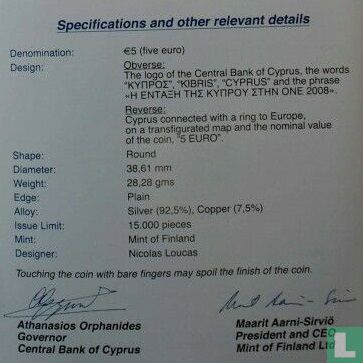 Cyprus 5 euro 2008 (PROOF) "Accession of Cyprus to the EMU" - Image 3