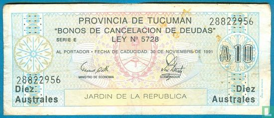 Aregentina Tucumán 10 Australes 1991 - Afbeelding 1