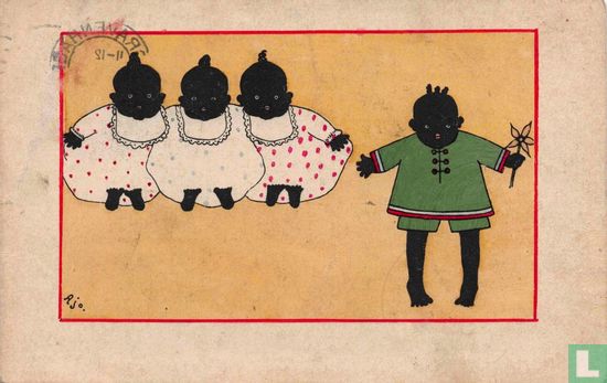 Drie zwarte meisjes met witte jurken en één zwart jongetje met groen pakje - Afbeelding 1