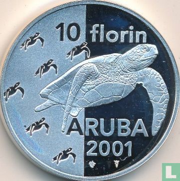 Aruba 10 florin 2001 (PROOFLIKE) "Green sea turtle" - Image 1