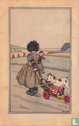 Meisje met pop in arm en hond trekt wagen met pop - Bild 1
