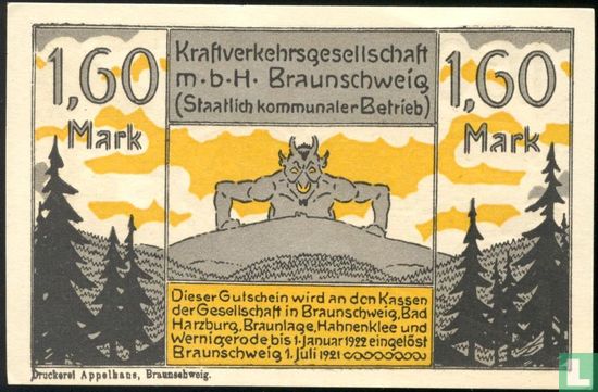 Braunschweig, Kraftverkehrsgesellschaft m.b.H. - 1,60 mark 1921  - Afbeelding 1