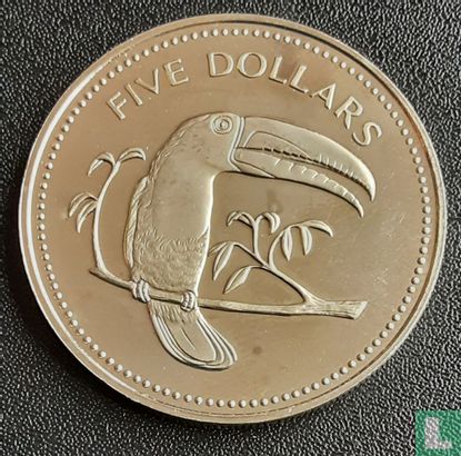 Belize 5 Dollar 1975 (PP - Kupfer-Nickel) "Keel-billed toucan" - Bild 2
