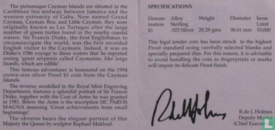 Cayman Islands 1 dollar 1994 (PROOF) "Sir Francis Drake" - Image 3