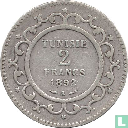 Tunesië 2 francs 1892 (AH1309) - Afbeelding 1