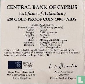 Chypre 20 pounds 1994 (BE) "Special government fund against AIDS" - Image 3