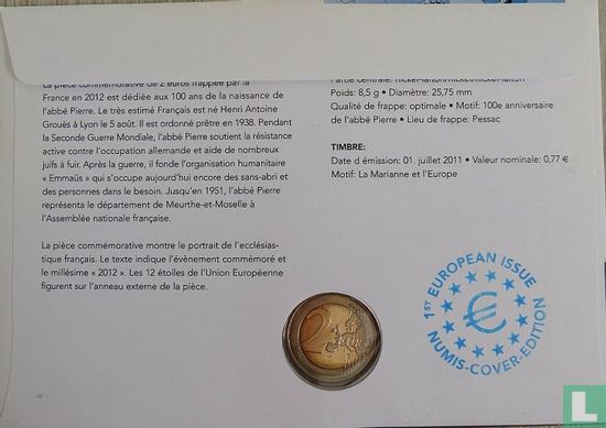 France 2 euro 2012 (Numisbrief) "100th anniversary of the birth of Henri Grouès named L'abbé Pierre" - Image 2