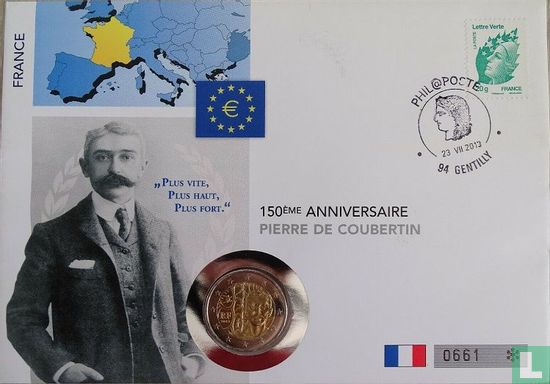 Frankrijk 2 euro 2013 (Numisbrief) "150th anniversary of the birth of Pierre de Coubertin" - Afbeelding 1