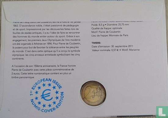 Frankrijk 2 euro 2013 (Numisbrief) "150th anniversary of the birth of Pierre de Coubertin" - Afbeelding 2