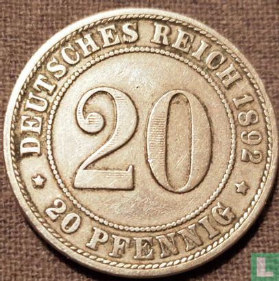 Duitse Rijk 20 pfennig 1892 (D) - Afbeelding 1