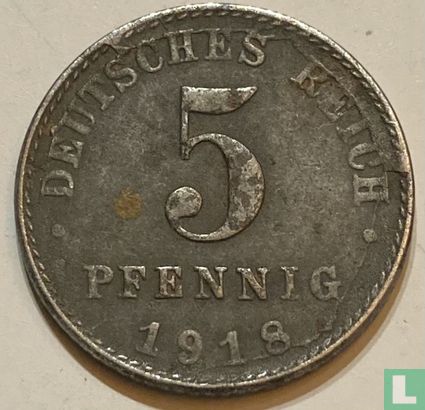 Empire allemand 5 pfennig 1918 (A - fauté) - Image 1