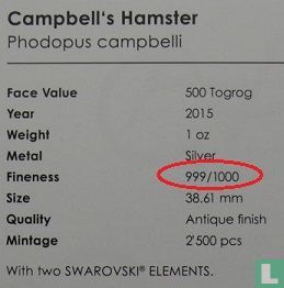 Mongolei 500 Tugrik 2015 "Campbell’s hamster" - Bild 3