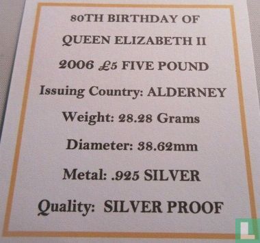 Alderney 5 pounds 2006 (PROOF - zilver) "80th Birthday of Queen Elizabeth II - Historical effigy" - Afbeelding 3