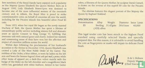 Pitcairn Islands 5 dollars 1997 (PROOF) "Queen Elizabeth the Queen Mother - Order of the Garter" - Image 3