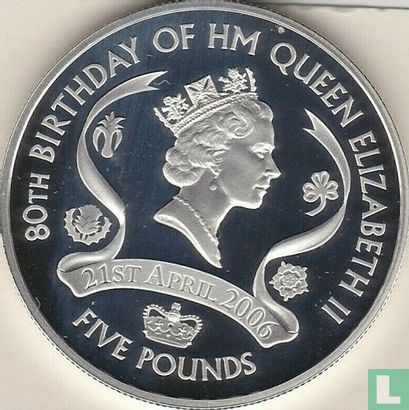 Alderney 5 pounds 2006 (PROOF - zilver) "80th Birthday of Queen Elizabeth II - Historical effigy" - Afbeelding 2