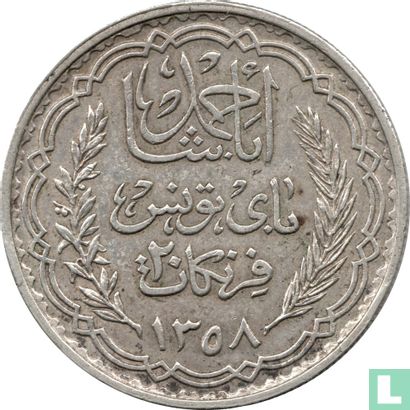 Tunesië 20 francs 1939 (AH1358) - Afbeelding 2