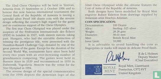 Armenia 100 dram 1996 (PROOF - silver) "32nd Chess Olympiad in Yerevan - Logo" - Image 3