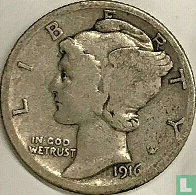 États-Unis 1 dime 1916 (Mercury dime - S) - Image 1