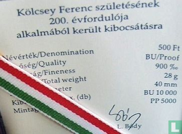 Ungarn 500 Forint 1990 (PP) "200th anniversary Birth of Ferenc Kölcsey" - Bild 3