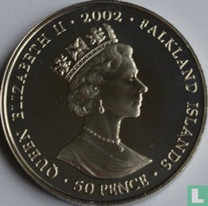 Falkland Islands 50 pence 2002 (coloured) "50th anniversary Accession of Queen Elizabeth II - Queen on throne" - Image 1