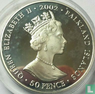 Falklandinseln 50 Pence 2002 (PP - Silber - gefärbt) "50th anniversary Accession of Queen Elizabeth II - Coronation throne" - Bild 1