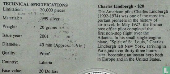 Liberia 20 dollars 2001 (PROOF) "History of America - Charles Lindbergh's Atlantic crossing" - Afbeelding 3