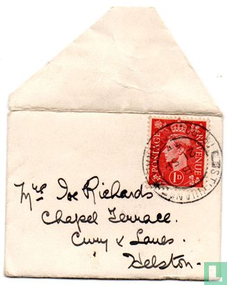 King George V1 1d on cover, postmarked Stithians, Truro, Cornwall 1944