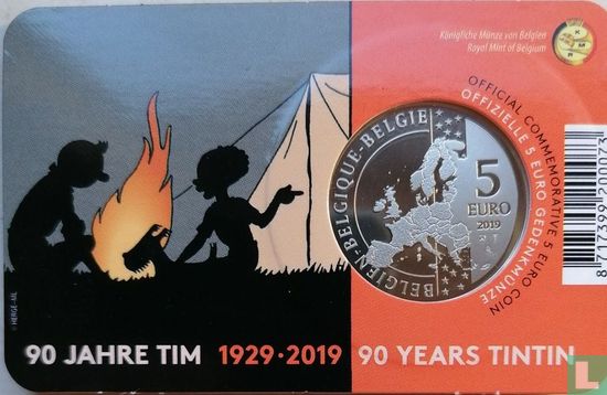 België 5 euro 2019 (coincard - kleurloos) "90 years Tintin" - Afbeelding 1