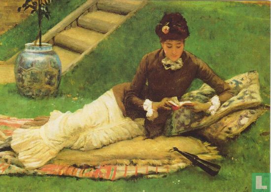 The novel, a lady in a garden reading a book - Afbeelding 1
