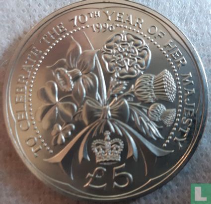Alderney 5 pounds 1996 "70th Birthday of Queen Elizabeth II" - Afbeelding 1
