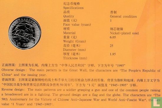 China 1 yuan 1995 "50th anniversary Victory over fascism and Japan" - Image 3