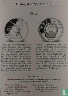 Chine 10 yuan 1990 (BE) "1992 Summer Olympics - Diving" - Image 3