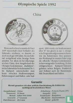 China 10 yuan 1990 (PROOF) "1992 Summer Olympics - Cycling" - Afbeelding 3