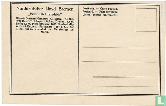 PRINZ EITEL FRIEDRICH (1904) - Norddeutscher Lloyd   - Afbeelding 2