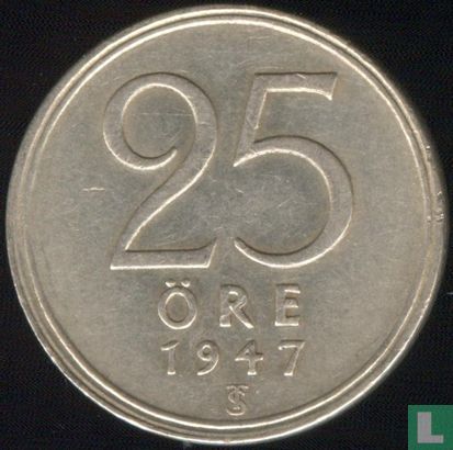 Suède 25 öre 1947 (argent, grand TS et petit crochet 7) - Image 1