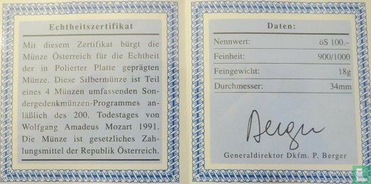 Austria 100 schilling 1991 (PROOF) "200th anniversary Death of Wolfgang Amadeus Mozart - Burgtheater" - Image 3