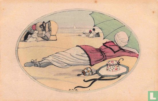 Vrouw ligt op strand onder groene parasol - Afbeelding 1