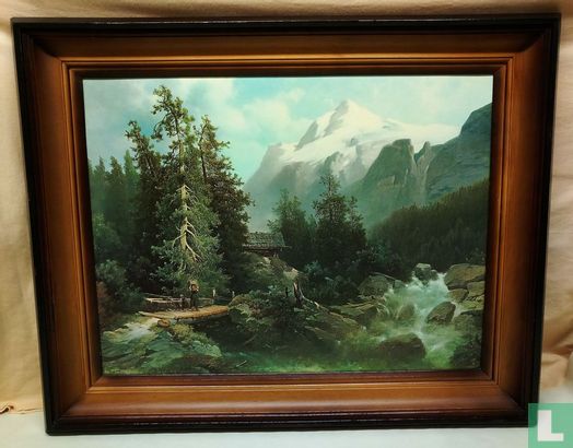 Linnen kunstdruk Alpenlandschap motief met een mooie houten lijst 61,5 x 51cm - Afbeelding 1