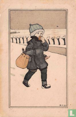 Jongen loopt door sneeuwlandschap met oliebol en champagne - Afbeelding 1