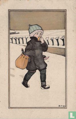 Jongen loopt door sneeuwlandschap met oliebol en champagne - Afbeelding 1