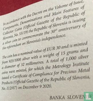 Slovénie 30 euro 2020 (BE) "30th anniversary Plebiscite on sovereignty and independence of the Slovenian Republic" - Image 3