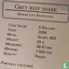 Palau 5 dollars 2008 (PROOF) "Marine Life Protection - Grey reef shark" - Afbeelding 3
