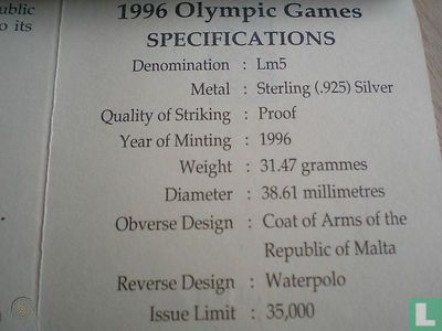 Malta 5 liri 1996 (PROOF) "Summer Olympics in Atlanta" - Afbeelding 3