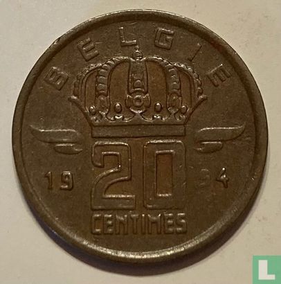 Belgium 20 centimes 1954 (NLD - misstrike) - Image 1