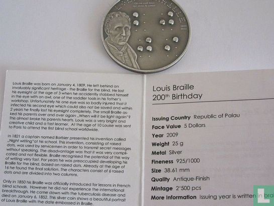 Palau 5 dollars 2009 "200th anniversary Birth of Louis Braille" - Image 3